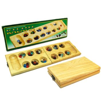 Mancala - Kalaha natural wood foldable with glass beeds 45 x 14 cm