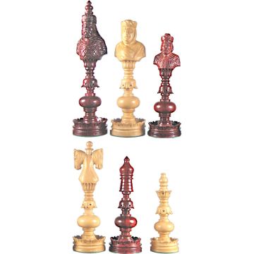 German Twin Knight chess pieces - carved chikri and padouk rosewood - king height 20 cm