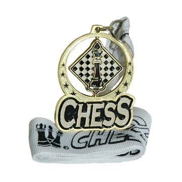 Gold spinning chess medal with ribbon