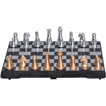 Magnetic travel chess set with gold and silver pieces 16 x 8 cm