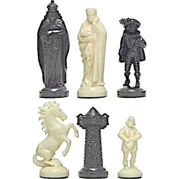 Medieval style plastic white & black chess pieces - king height 96 mm - size 6