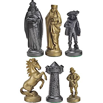 Medieval style plastic gold & black chess pieces - king height 96 mm - size 6