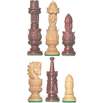 Spanish Pulpit chess pieces - carved chikri and padouk rosewood - king height 107 mm (#8)