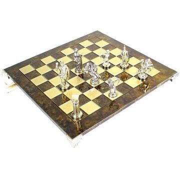Archers gold and silver chess set and brown brass chess board 28 cm