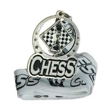Silver spinning chess medal with ribbon