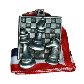 Silver square chess medal with ribbon